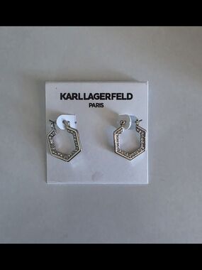 Karl Lagerfeld Silver Crystal Hexagon Hoop Earrings